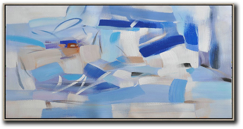 Horizontal Palette Knife Contemporary Art,Modern Abstract Wall Art,Sky Blue,Dark Blue,White,Grey